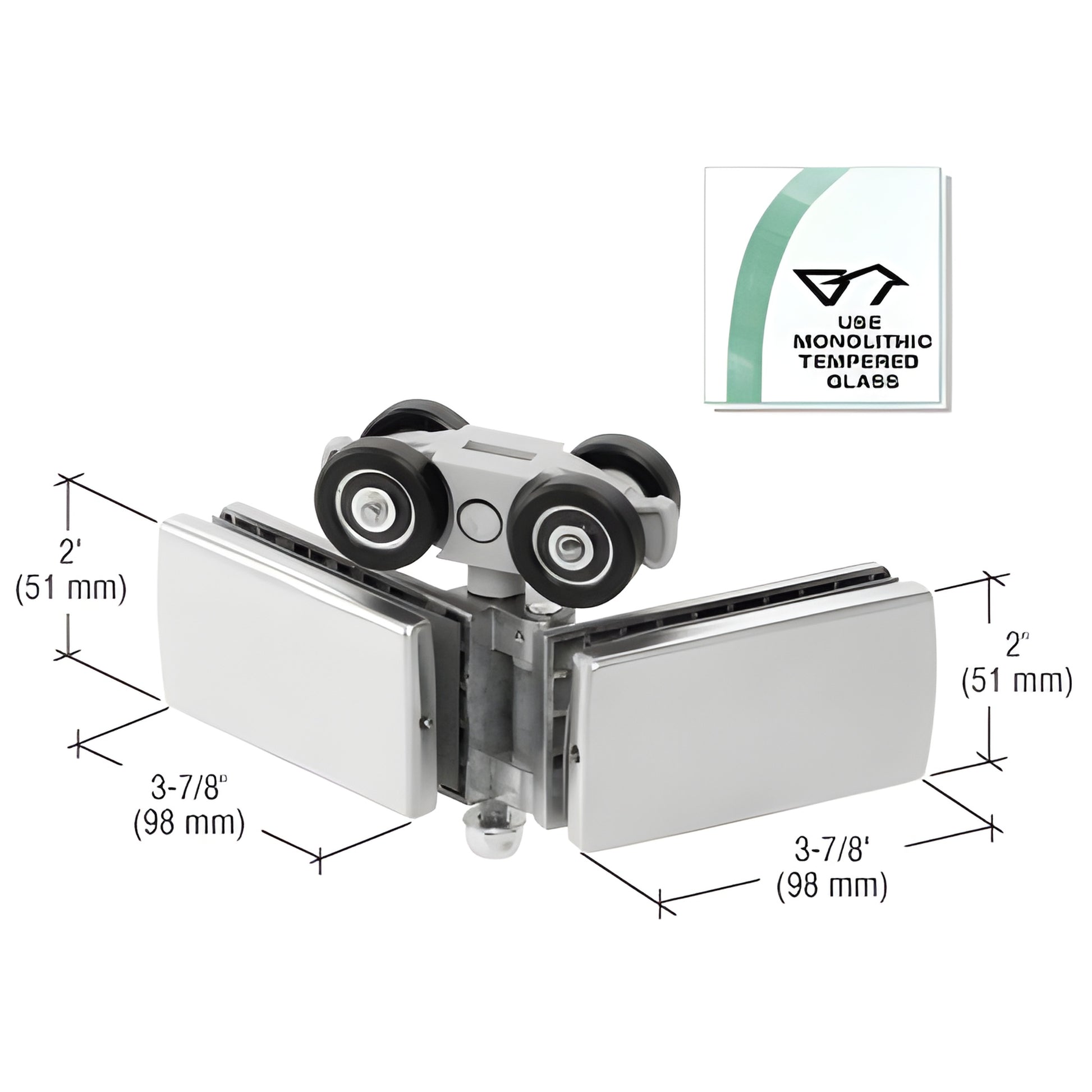 B1R13 Birmingham brushed stainless top glass-to-glass double-roller patch for 3/8-1/2" tempered glass, top-hung bi-fold