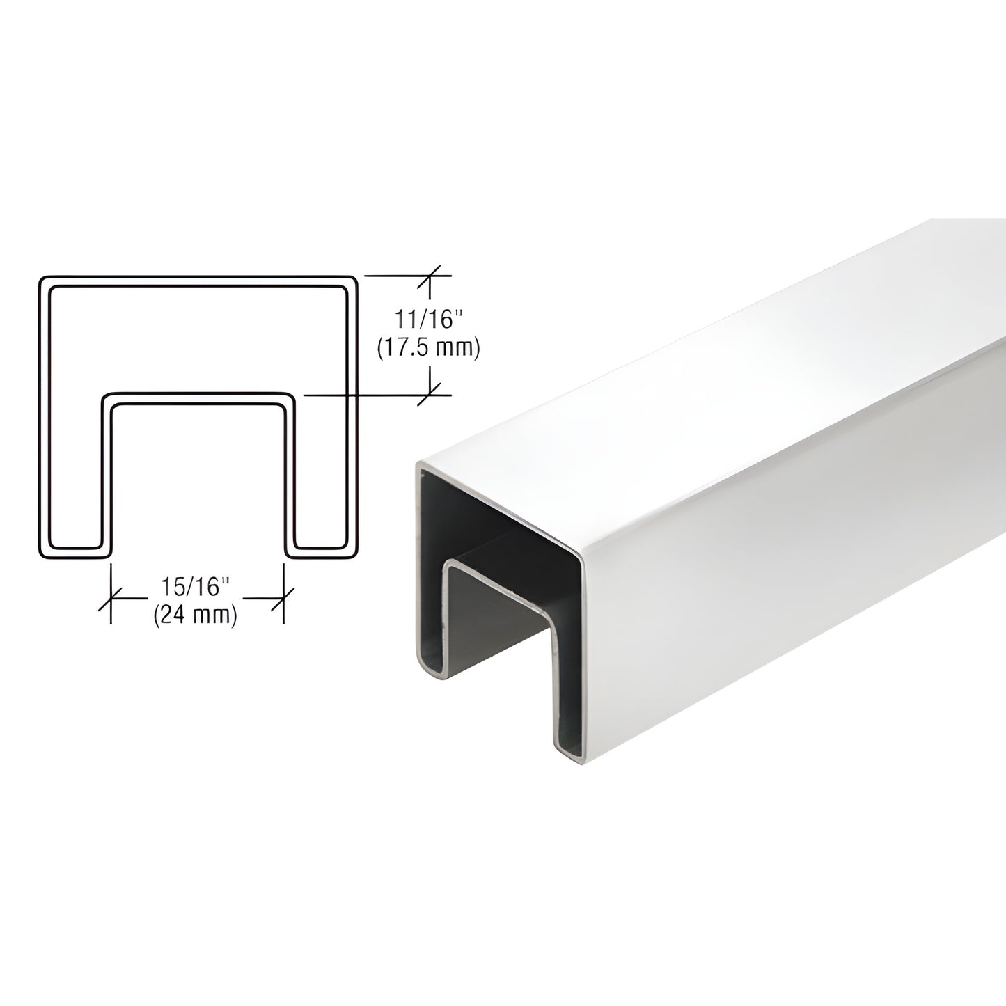 SRF15PS polished 316 stainless 1-1/2" square glass cap rail, U-shaped profile with rubber insert, fits 12-21 mm glass.