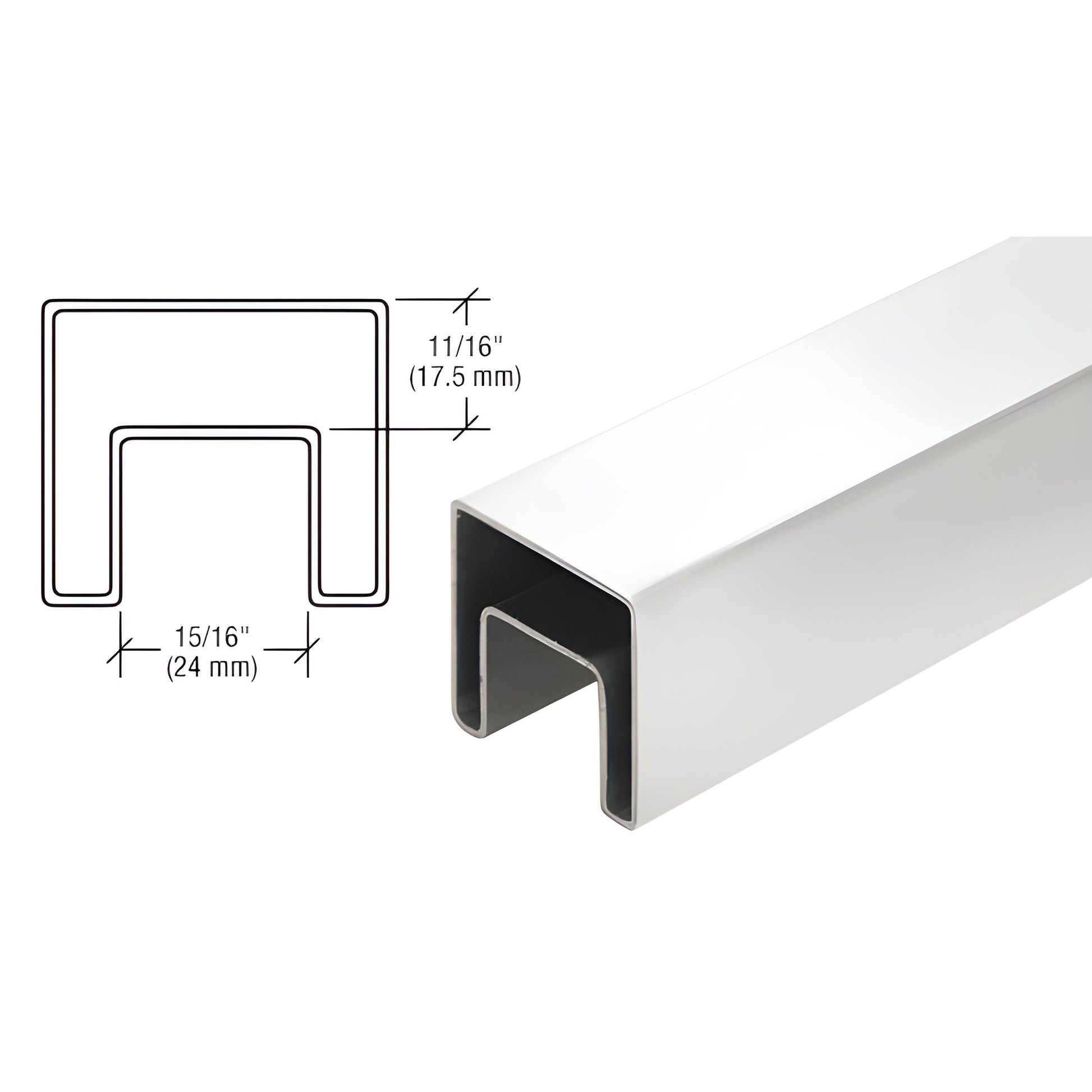 SRF15PS polished 316 stainless 1-1/2" square glass cap rail, U-shaped profile with rubber insert, fits 12-21 mm glass.