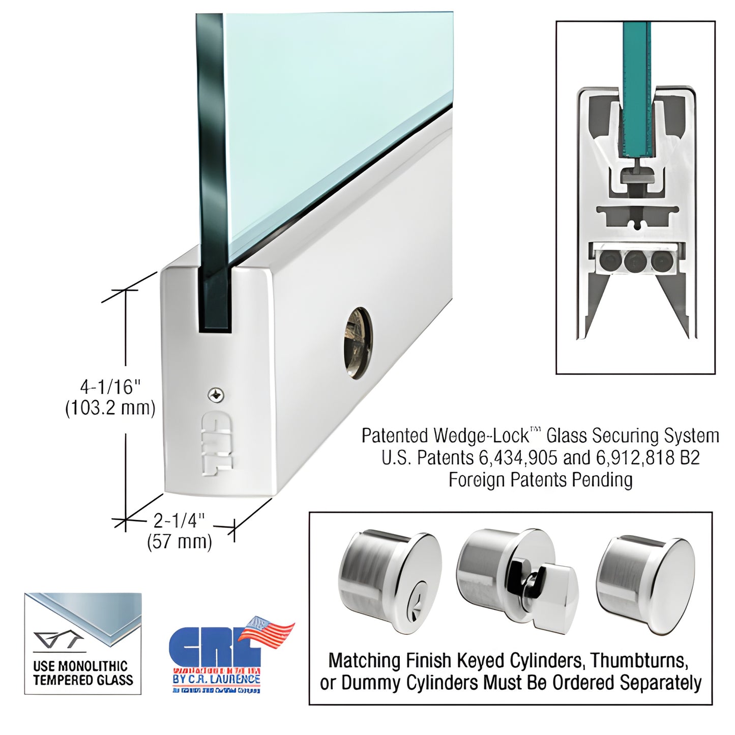 Wedge-Lock 35-3/4" polished stainless steel square door rail for 3/4" glass, aluminum-clad, includes lock - SKU DR4SPS34SL