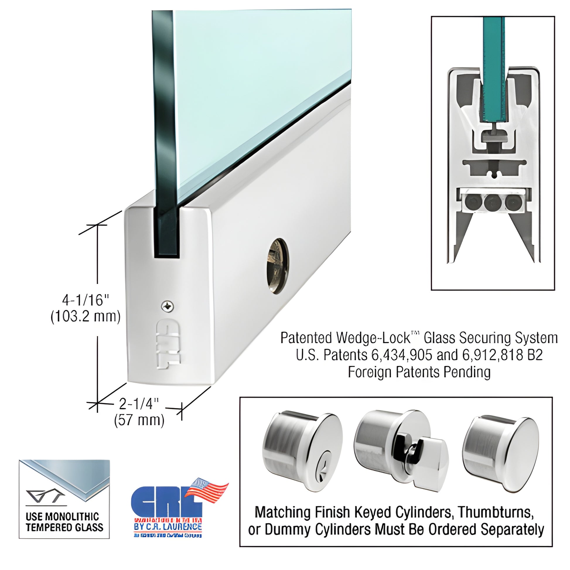 Wedge-Lock 35-3/4" polished stainless steel square door rail for 3/4" glass, aluminum-clad, includes lock - SKU DR4SPS34SL