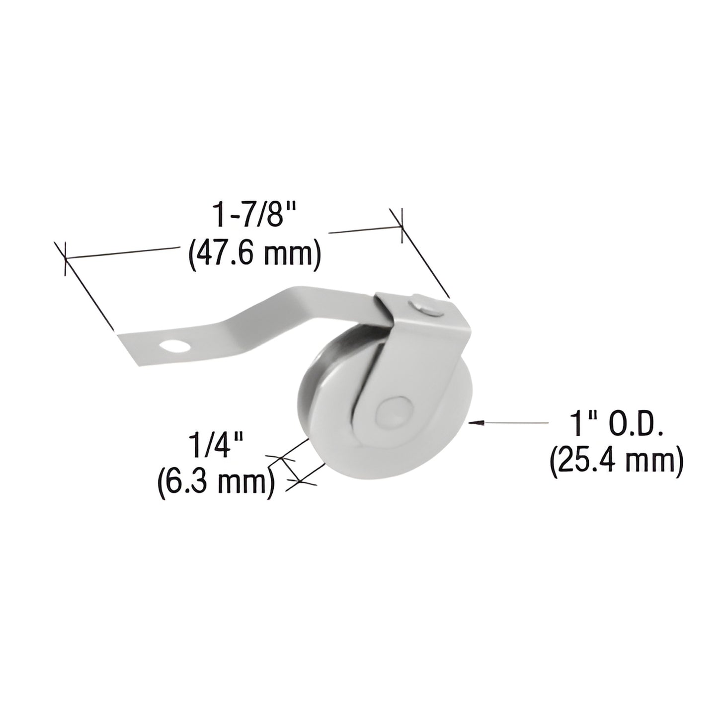 B756 stainless steel spring-tension concave roller for sliding screen door, 1" OD, 1/4" wide, 1-7/8" length.