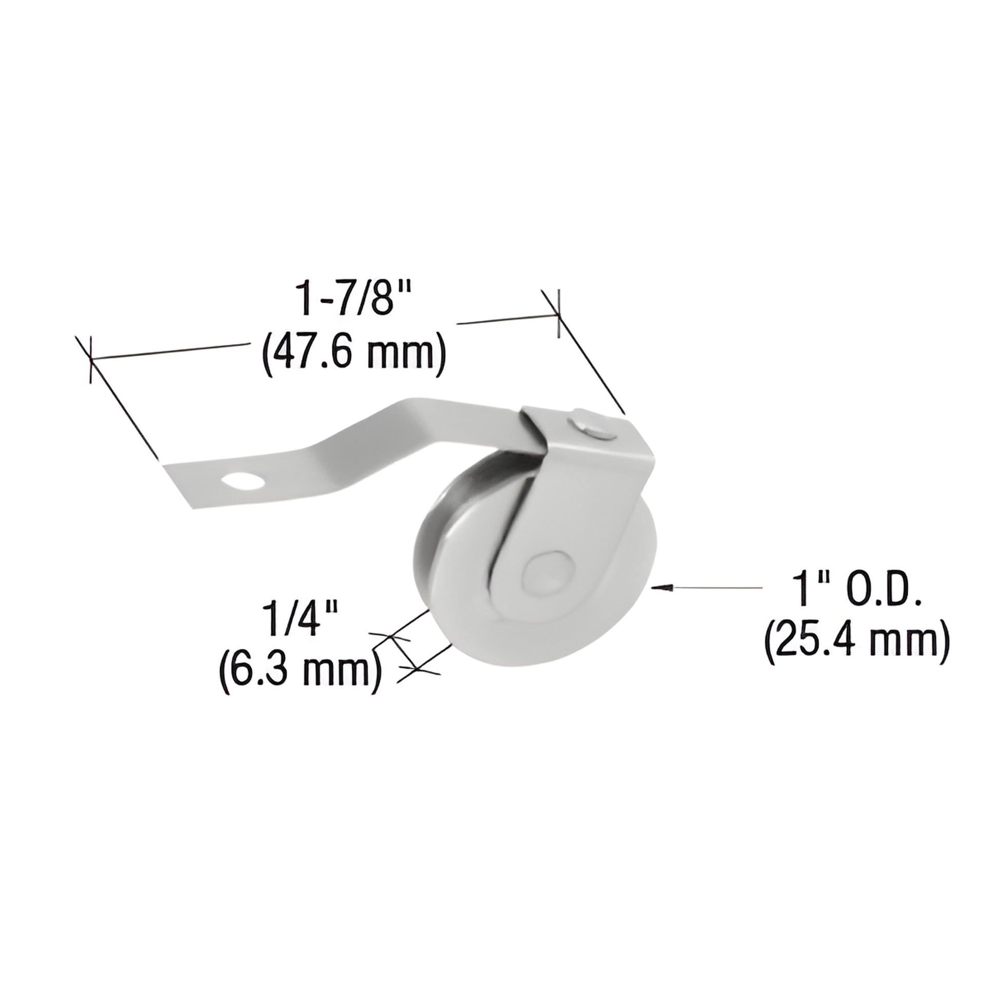 B756 stainless steel spring-tension concave roller for sliding screen door, 1" OD, 1/4" wide, 1-7/8" length.