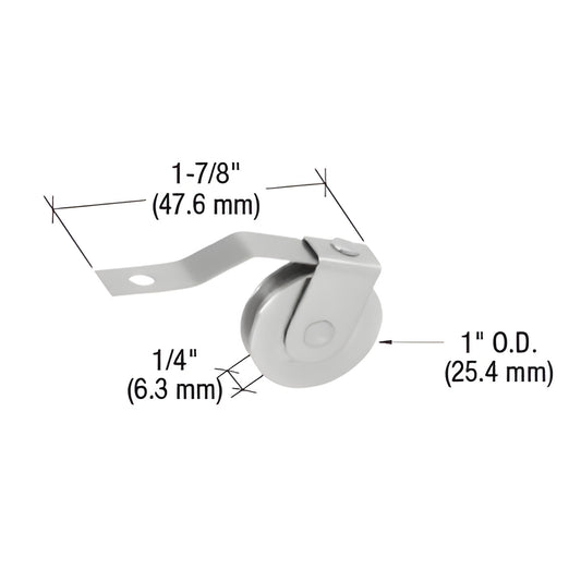 B756 stainless steel spring-tension concave roller for sliding screen door, 1" OD, 1/4" wide, 1-7/8" length.