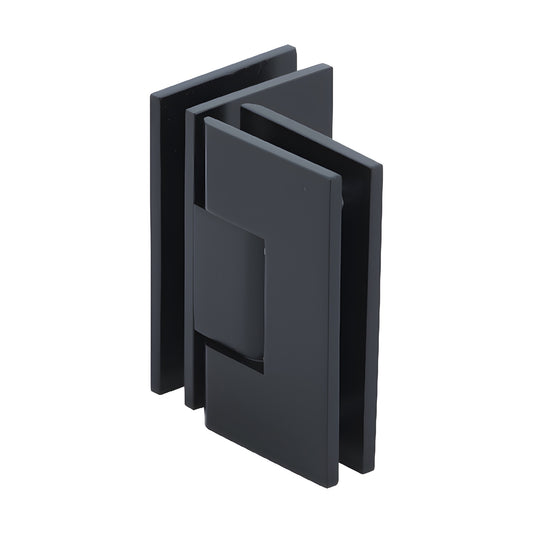 Matte black square glass-to-glass shower hinge for 3/8-1/2" glass, Vienna series (SKU V1E092MBL)