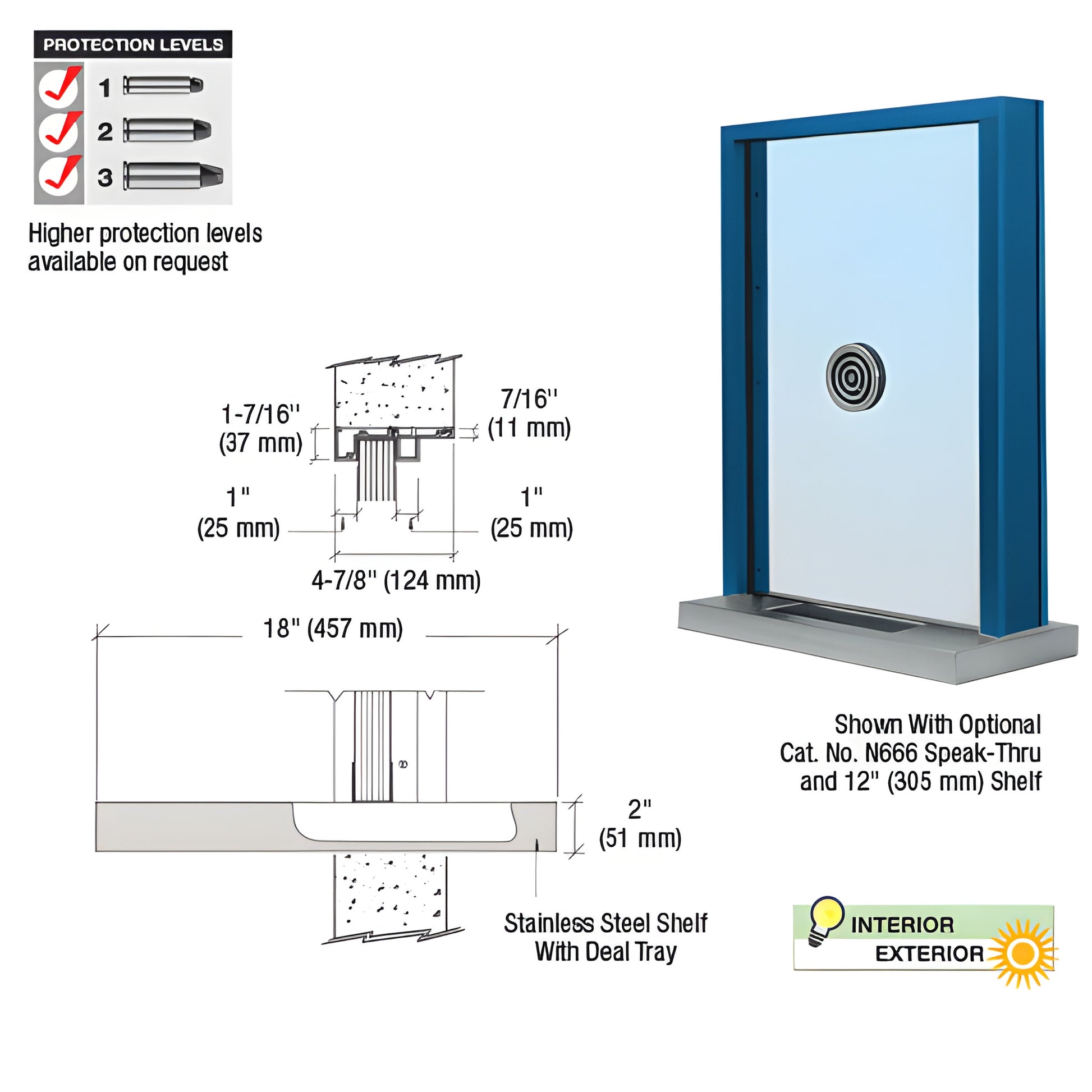 Exterior glazed inset aluminum window (SKU S1EW18P) with 18" stainless steel shelf and non-ricochet bullet-resistant deal tra
