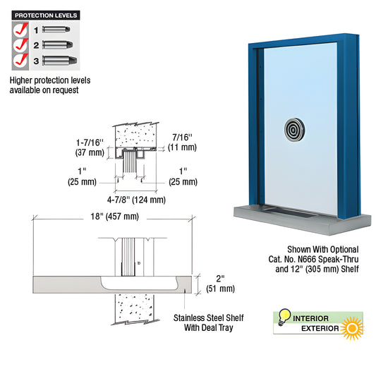 Exterior glazed inset aluminum window (SKU S1EW18P) with 18" stainless steel shelf and non-ricochet bullet-resistant deal tra