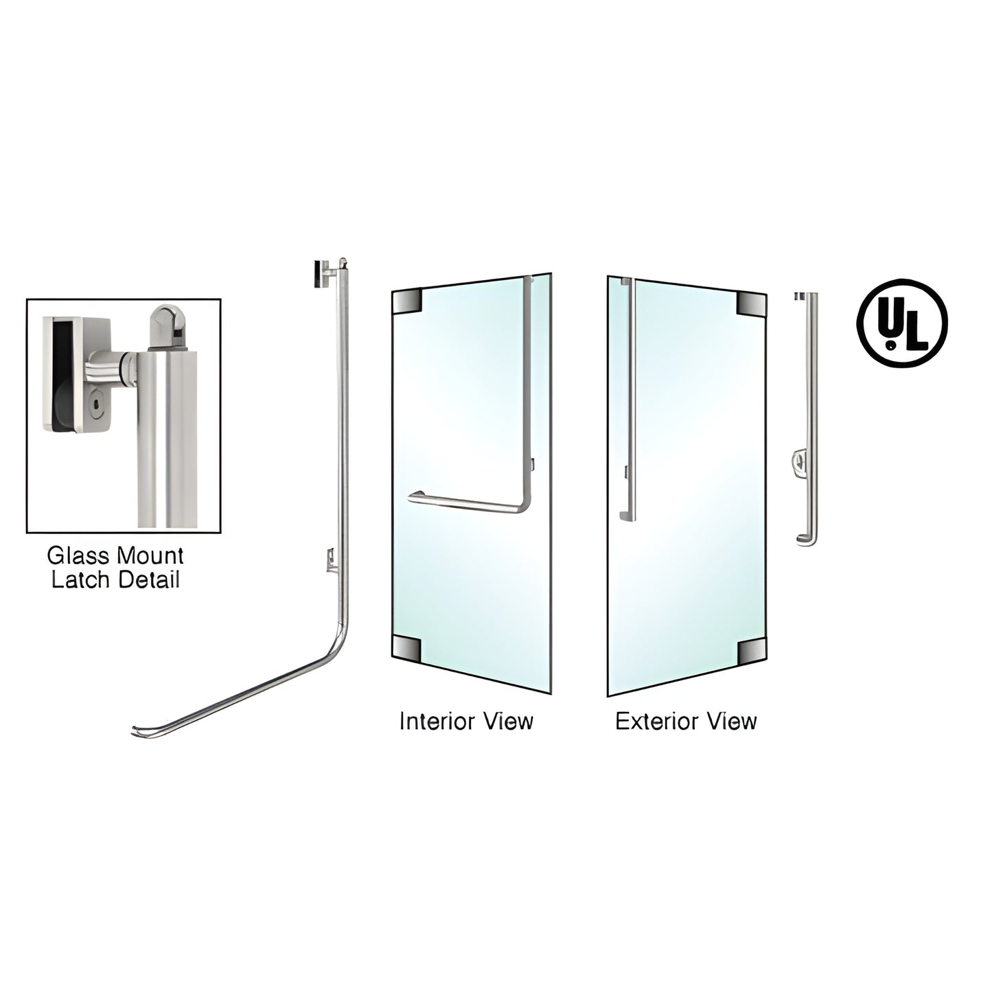 Brushed stainless tubular panic handle for 1/2-3/4 all-glass doors; interior push bar, exterior fixed handle. SKU PA100J3GKB