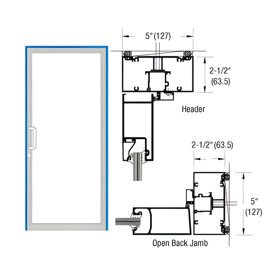 Hurricane impact single up/over door frame (SKU 0F41571) with blue Kynar finish and technical cross-section drawings.