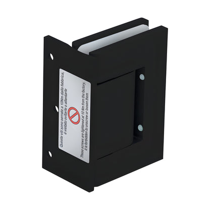 Matte black oil-damped wall-mount hinge for frameless glass doors, self-closing, fits 8-14mm glass (SKU H8211BTMBL)