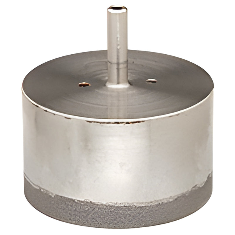 DCD312 electro-formed diamond drill bit for flat plate glass, 3-1/2 in dia, thin-walled with 3/8 in straight shank.