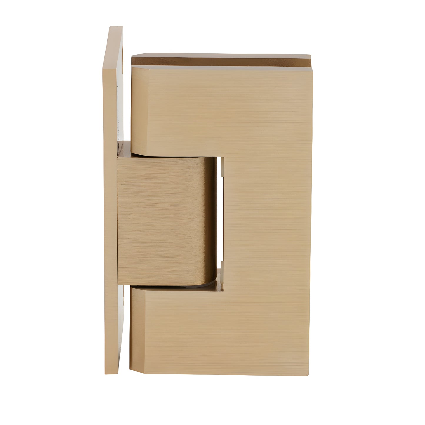Brushed-bronze brass shower door hinge, squared Vienna style, wall-mount offset back plate, fits 3/8-1/2 in glass.