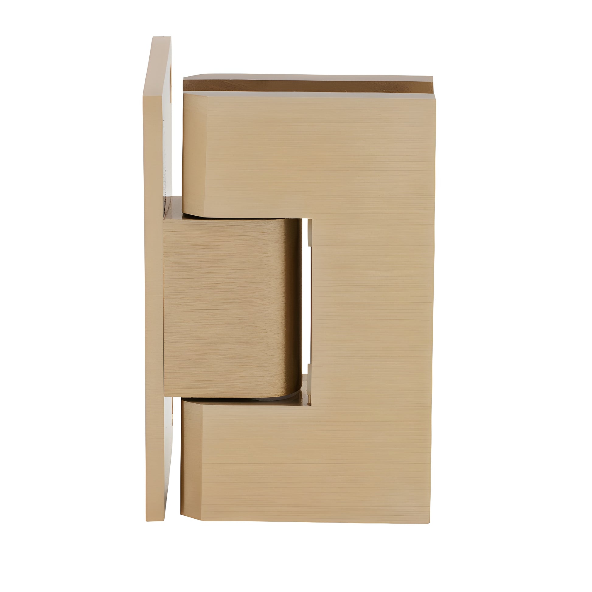 Brushed-bronze brass shower door hinge, squared Vienna style, wall-mount offset back plate, fits 3/8-1/2 in glass.