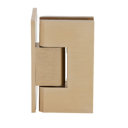 Brushed-bronze brass shower door hinge, squared Vienna style, wall-mount offset back plate, fits 3/8-1/2 in glass.