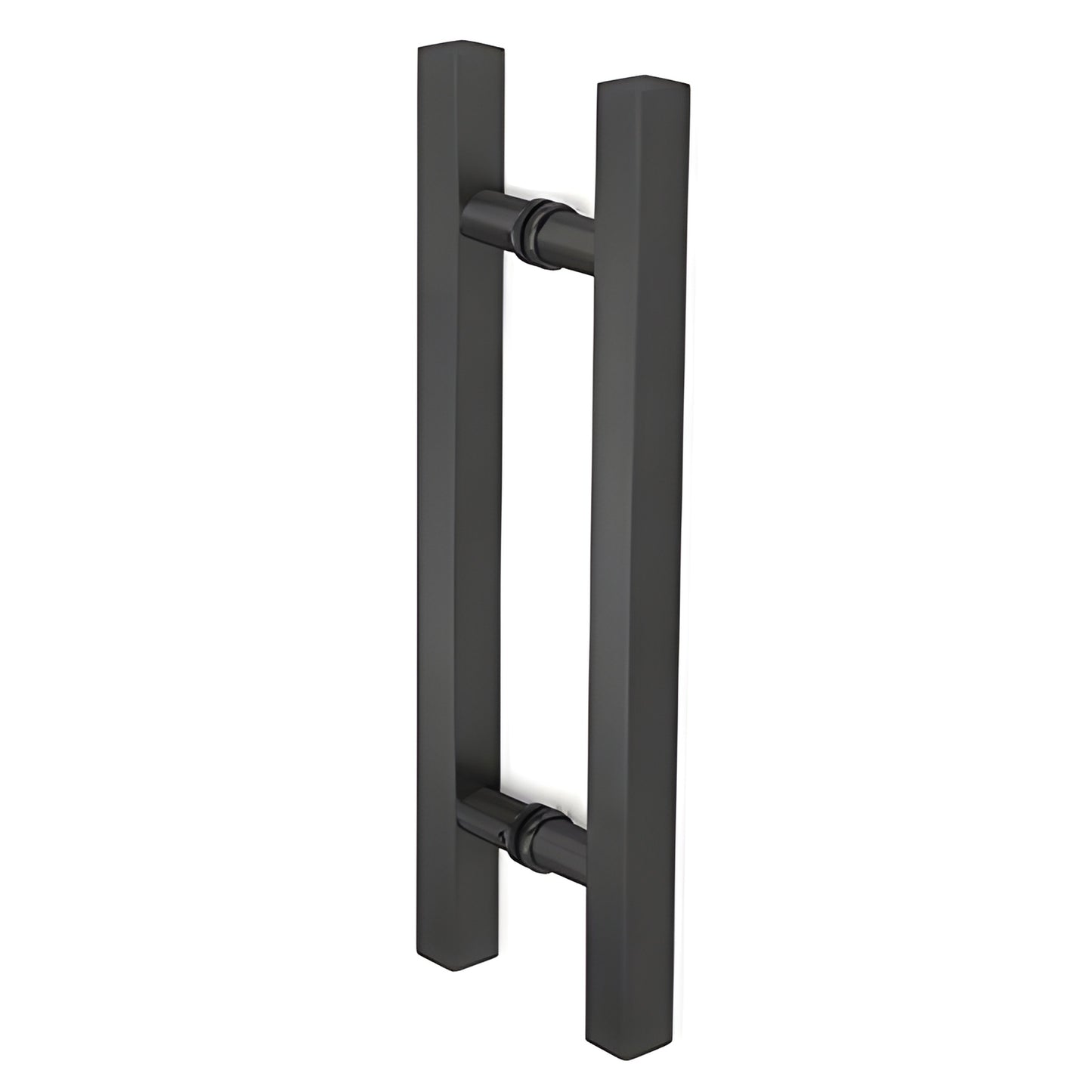 Matte black square tubular ladder-style shower door pull, 12 in long, 8 in mounting centers, SKU SLP8X8MBL.