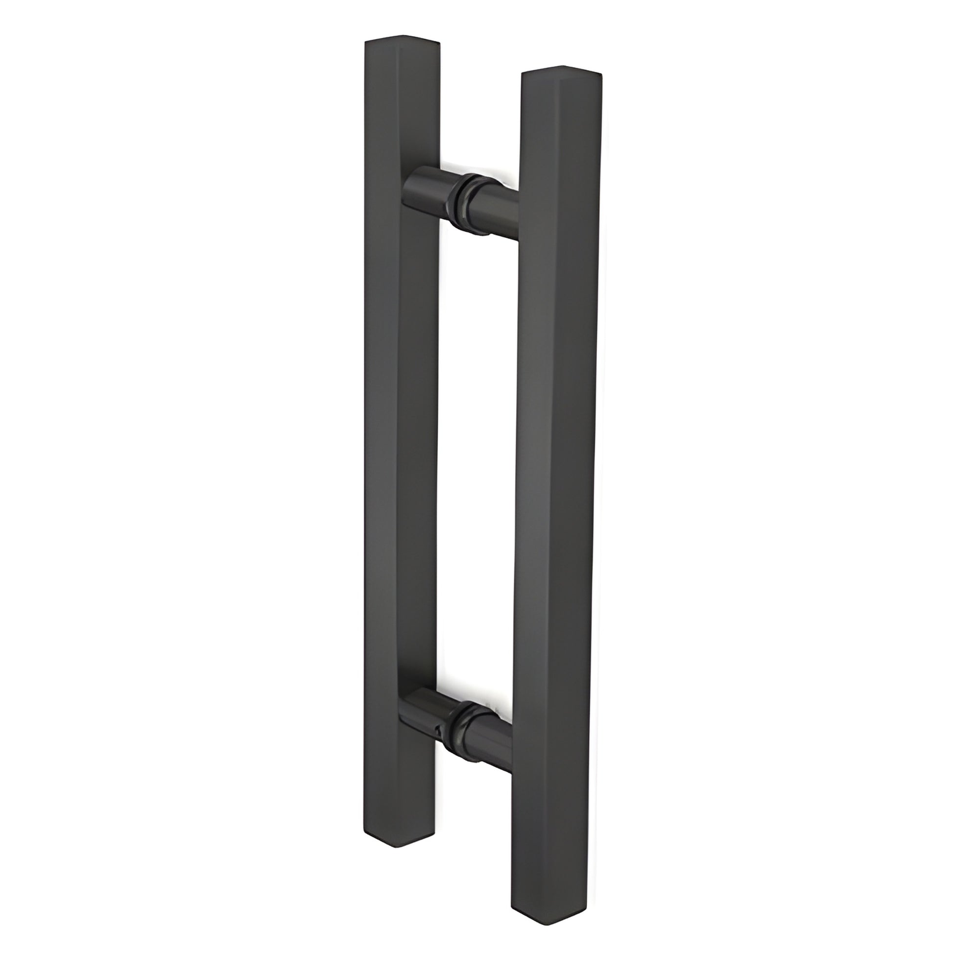 Matte black square tubular ladder-style shower door pull, 12 in long, 8 in mounting centers, SKU SLP8X8MBL.