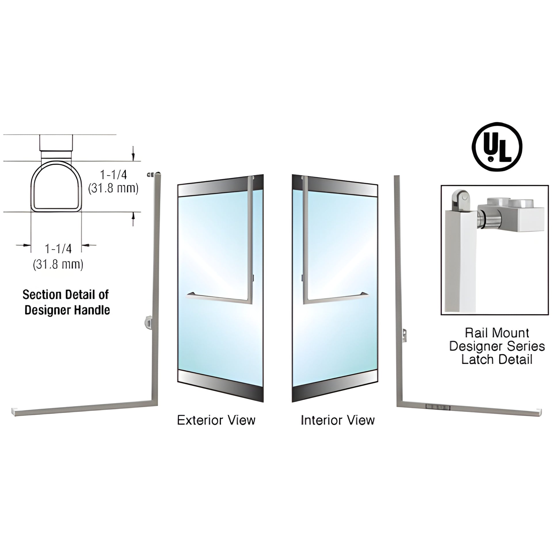 DPA100D4RKBS: D-shape brushed stainless steel rail-mount panic handle for 1/2" glass doors, 1-1/4" diameter.
