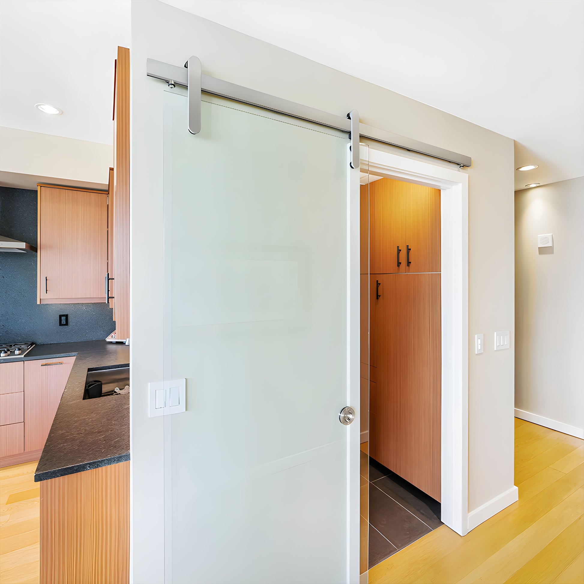 LAT34HEMBS Hemisphere sliding door hardware, brushed stainless, 96in track for 3/8-1/2" tempered glass.
