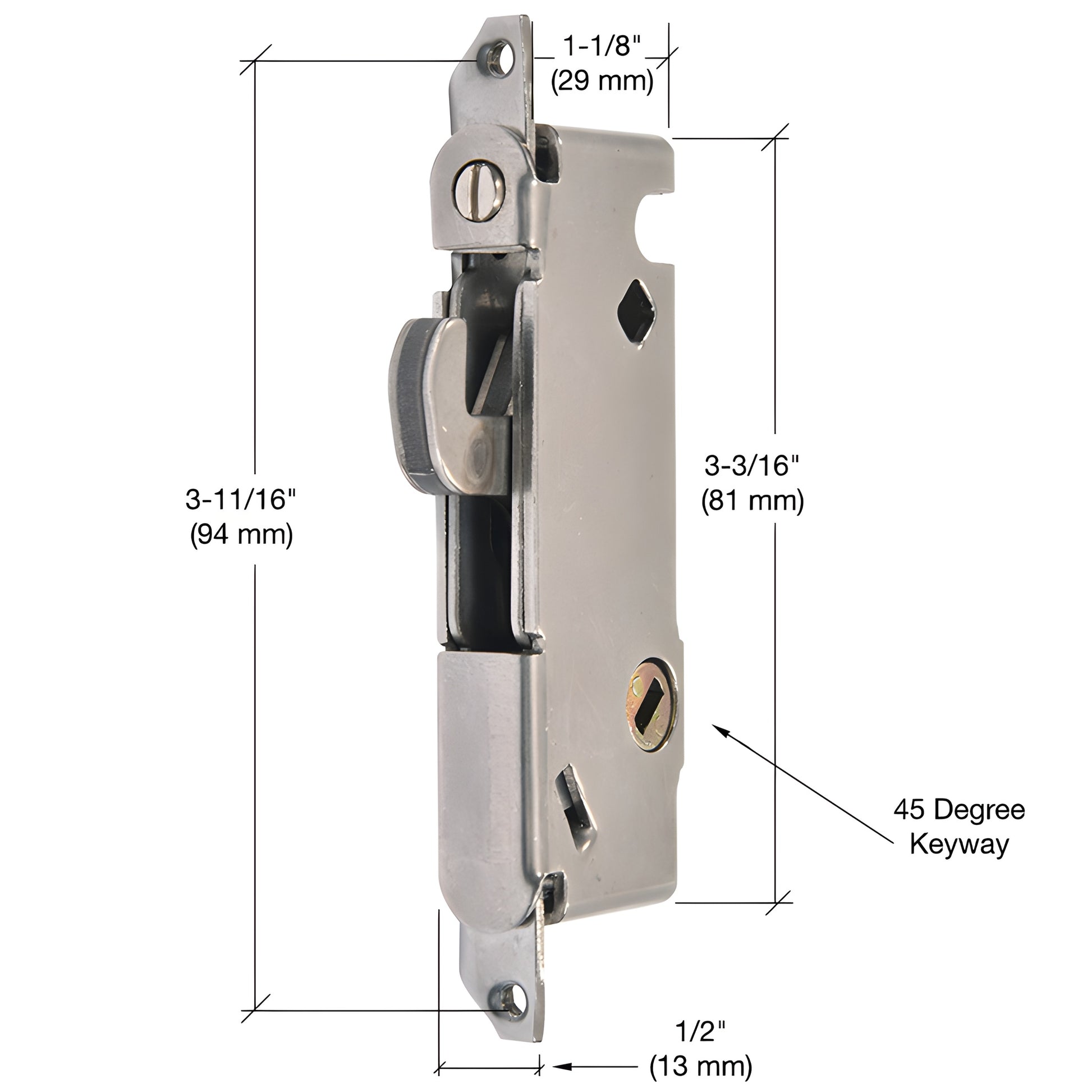 CRL mortise lock E2014, steel 1/2 in housing with adjustable hook, round end faceplate and 45 keyway for W&F doors
