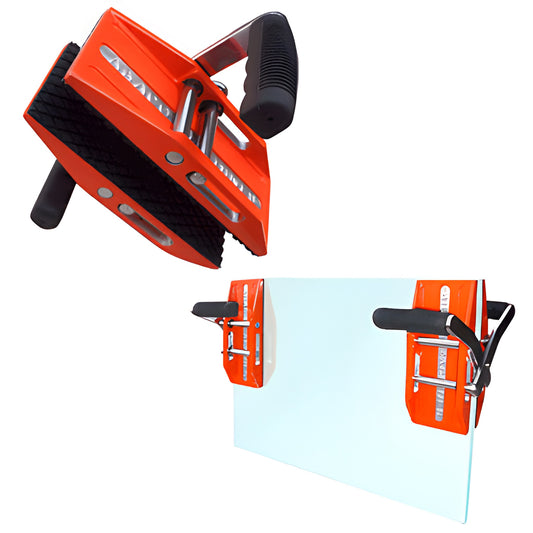 CRL GG2 double-grip orange stone grippers pair with serrated rubber pads holding a glass slab, 550 lb capacity.