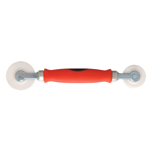 Red contoured dual-ended screen spline roller with white nylon wheels, round and concave ends (SKU CGS5NK6N)