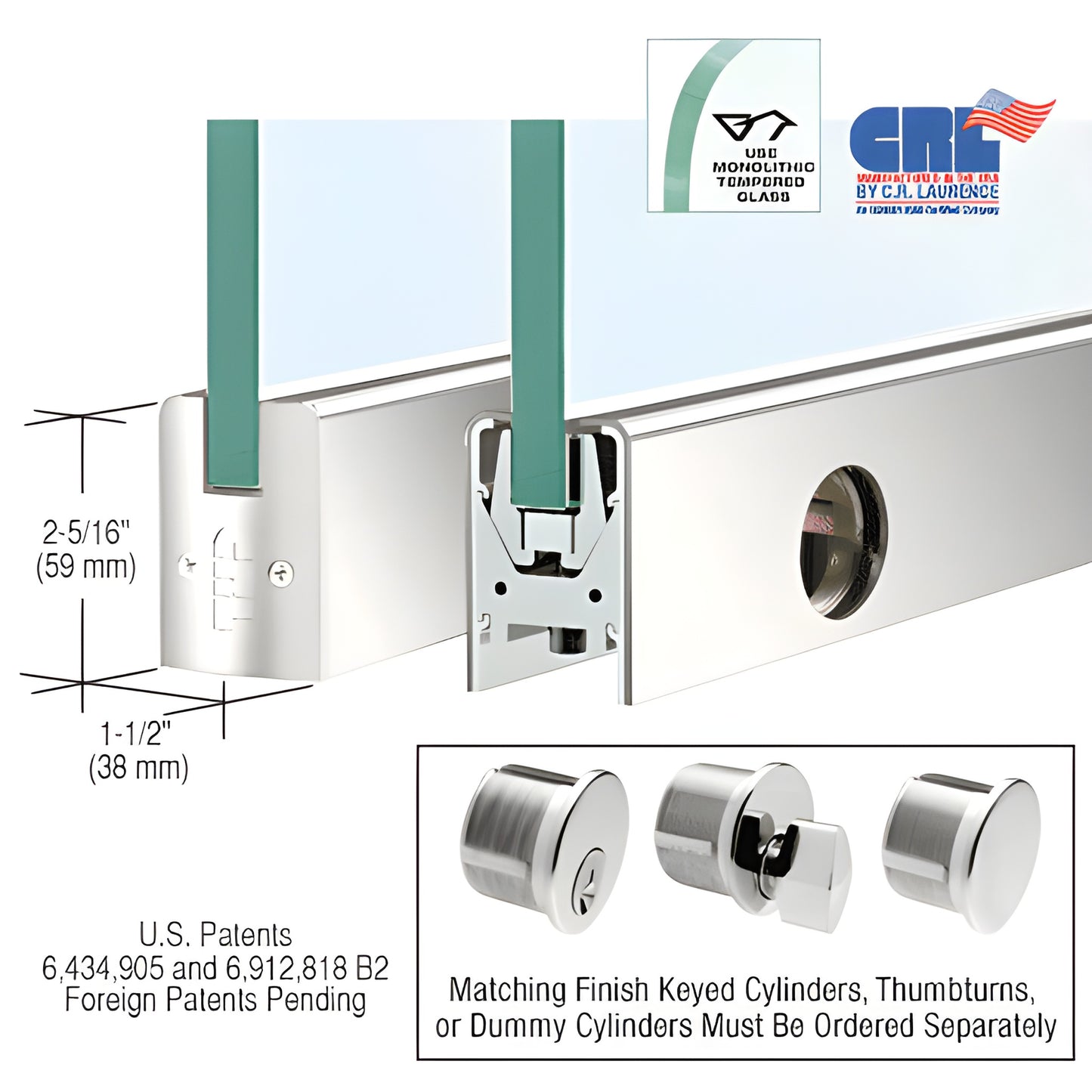 DR2SPS12SL low-profile polished stainless door rail, 35-3/4 in for 1/2 in tempered glass, 2-5/16 in H, Wedge-Lock.