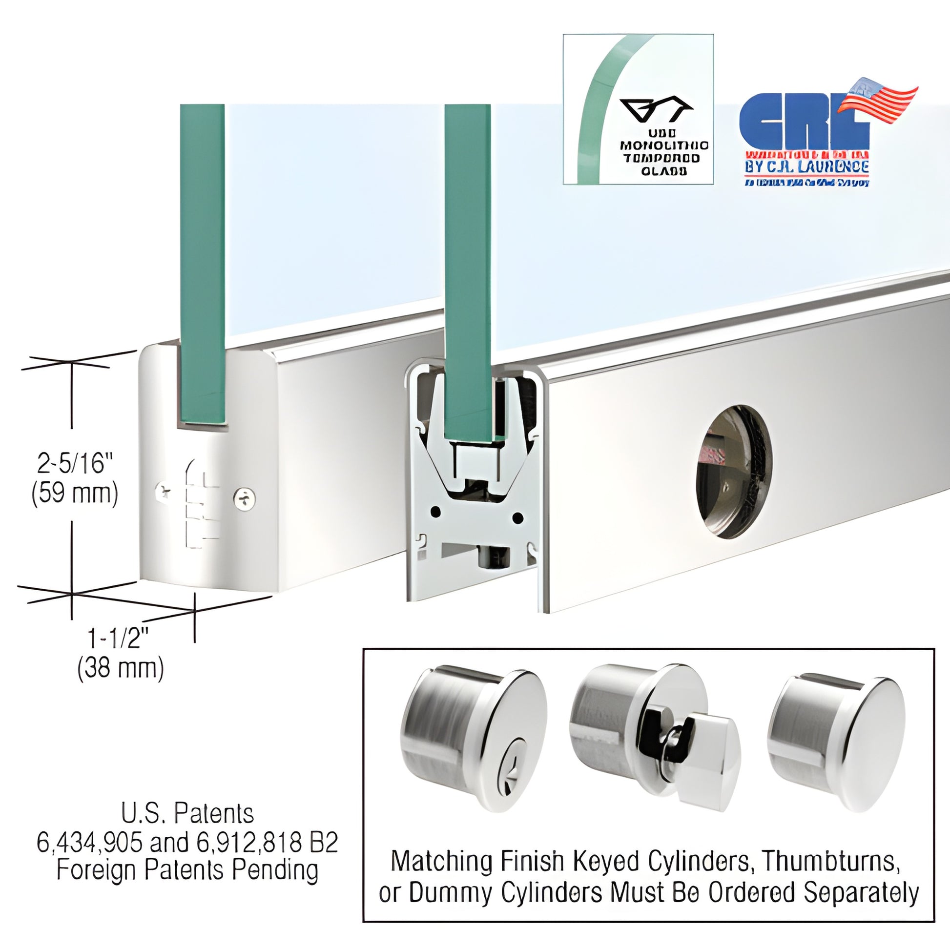 DR2SPS12SL low-profile polished stainless door rail, 35-3/4 in for 1/2 in tempered glass, 2-5/16 in H, Wedge-Lock.