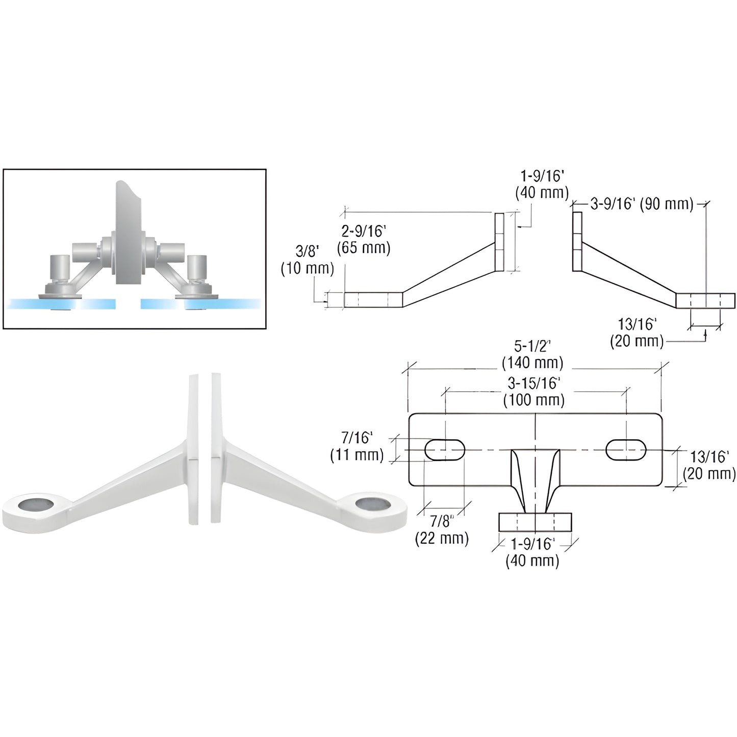 CRL FMR2PS stainless steel double-arm glass-to-fin fitting for 3/8-1/2" tempered glass, photo with dimensional drawing