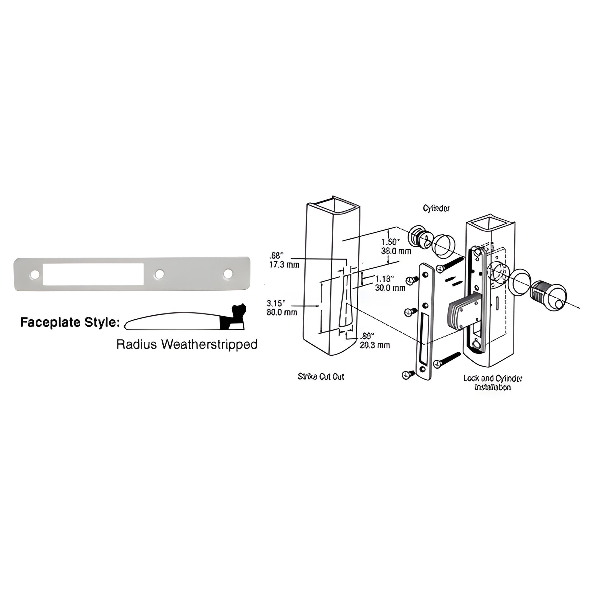 Aluminum radius weatherstripped deadlock faceplate (DL2113A), 1" x 6-7/8", with mounting holes