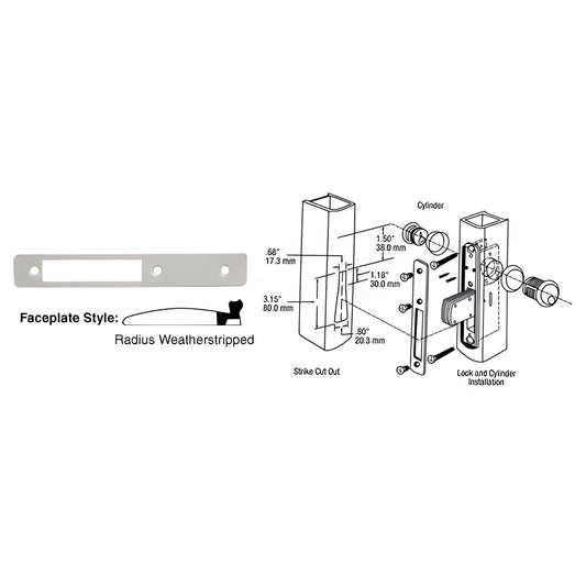Aluminum radius weatherstripped deadlock faceplate (DL2113A), 1" x 6-7/8", with mounting holes