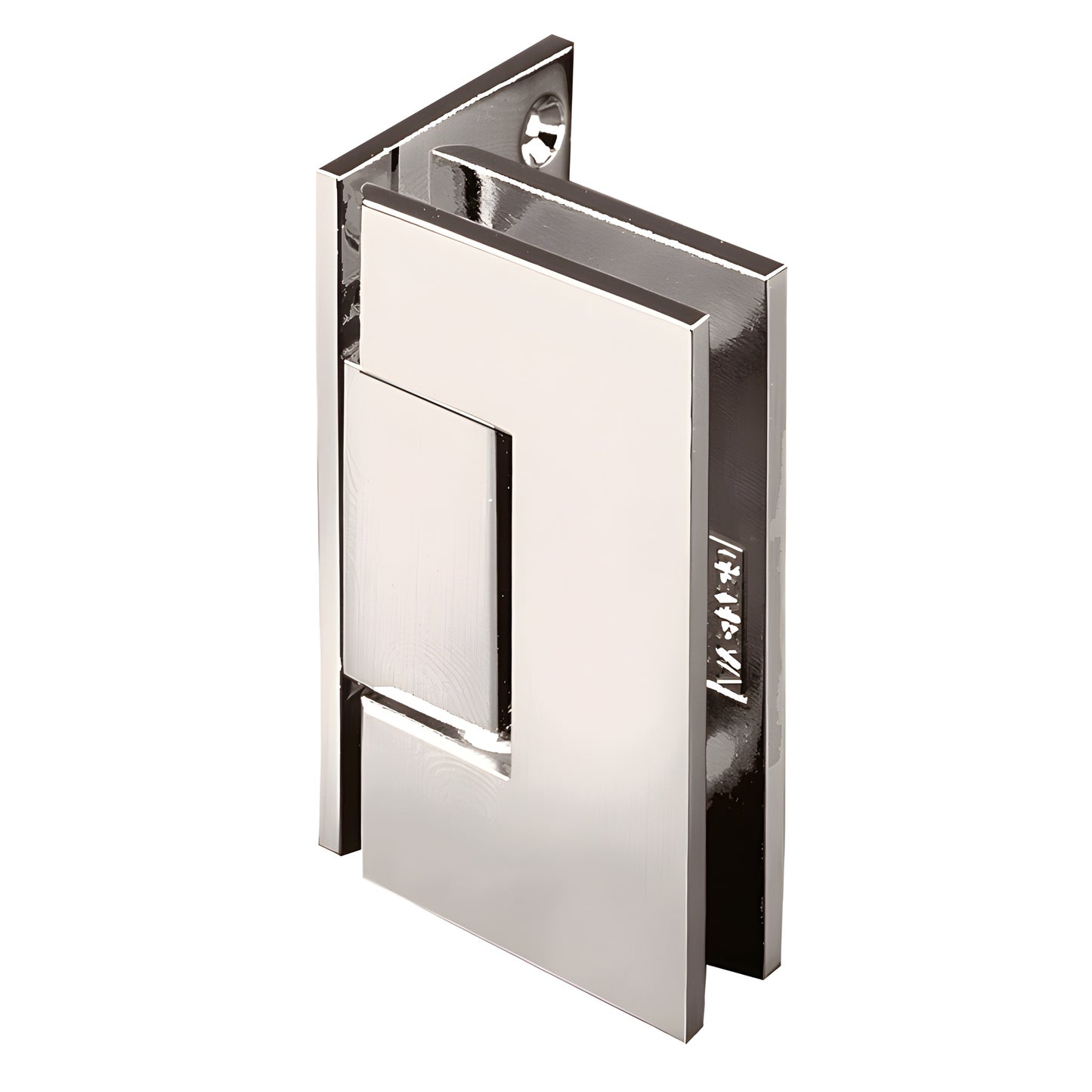 Polished nickel Vienna squared hinge for frameless shower doors, wall mount offset back plate, fits 3/8-1/2 glass.