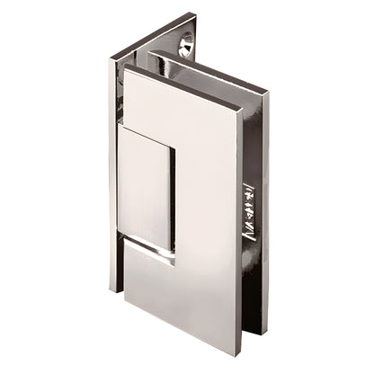 Polished nickel Vienna squared hinge for frameless shower doors, wall mount offset back plate, fits 3/8-1/2 glass.