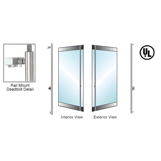 Brushed stainless 1-1/4" rail-mount deadbolt handle for 1/2" glass doors, interior and exterior views (SKU DB130F1R1BS)