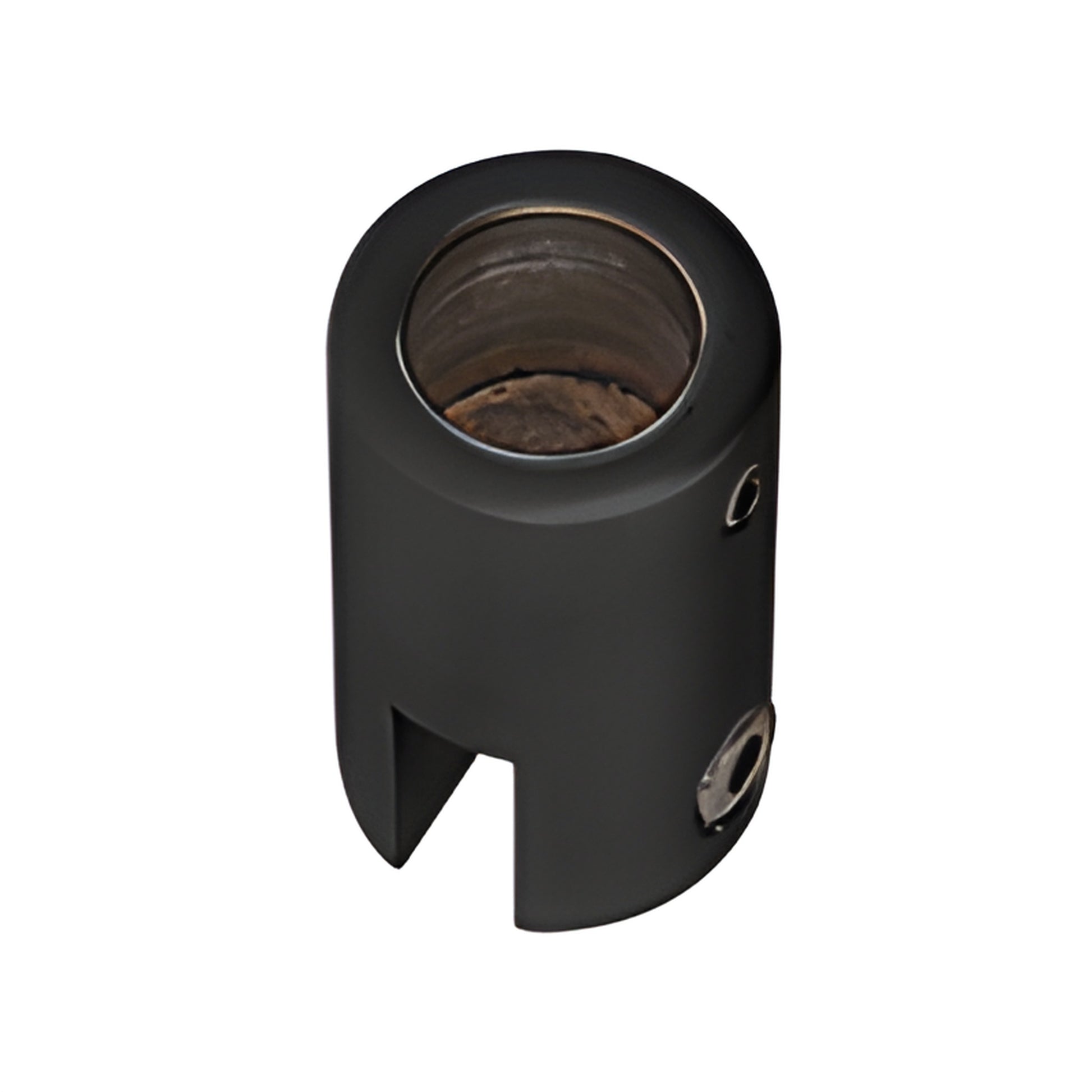 S9MBL matte-black brass support bar bracket for 6-8mm glass - cylindrical top-mount piece with slot for panel edge.