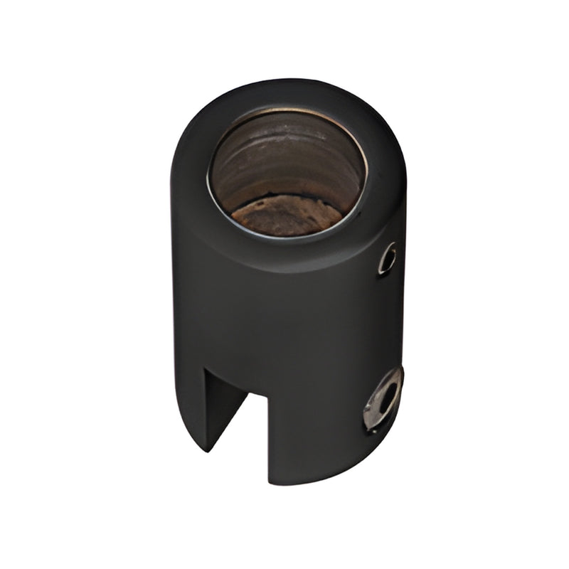S9MBL matte-black brass support bar bracket for 6-8mm glass - cylindrical top-mount piece with slot for panel edge.