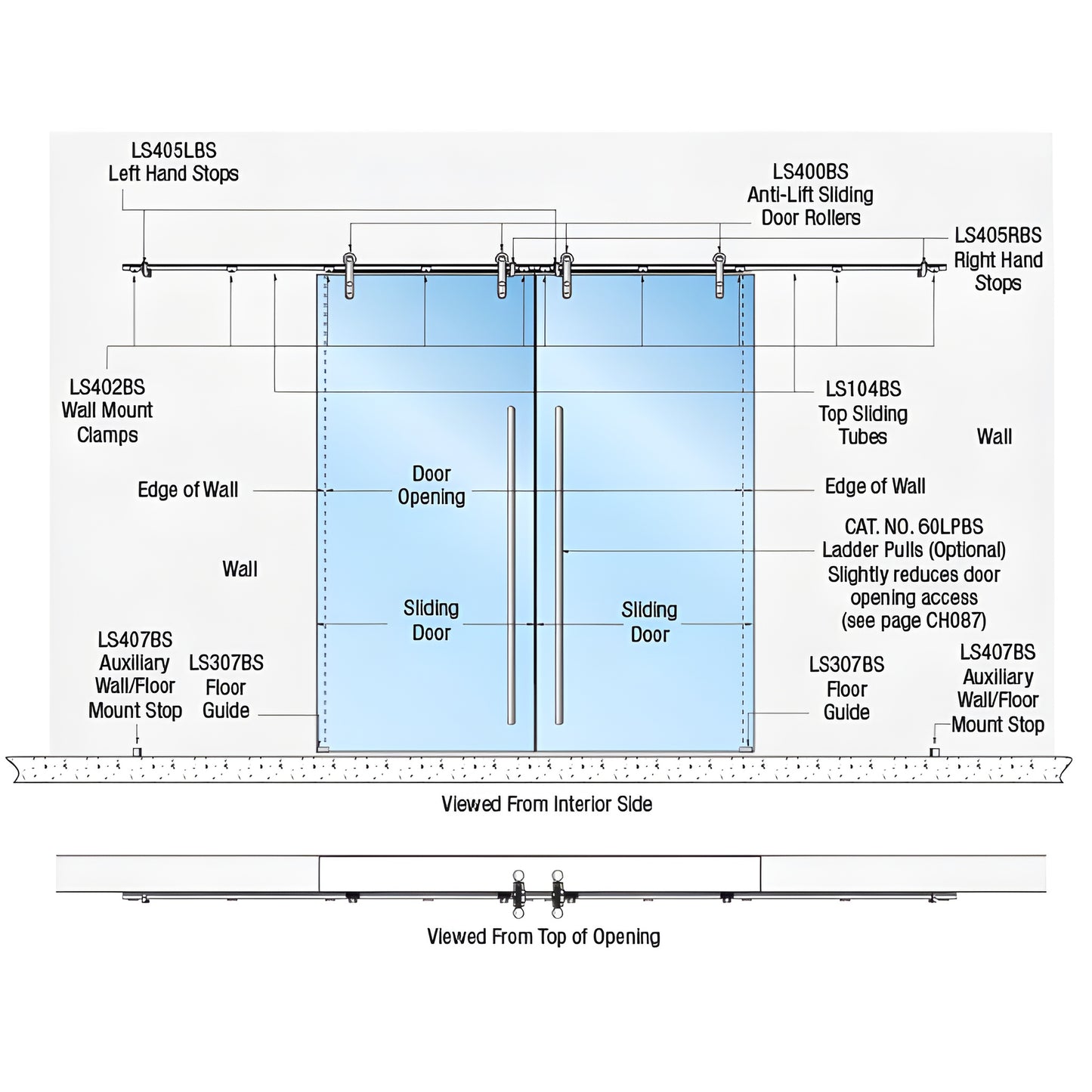 LSWM6BS wall mount bi parting sliding door kit, 316 stainless anti lift top rollers for 3/8-1/2 in tempered glass