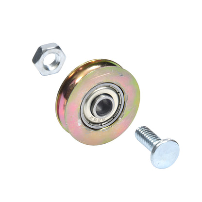D1502 steel concave patio door roller, 1/4" mounting hole, includes 1/4-20 x 3/4" carriage bolt and nut.