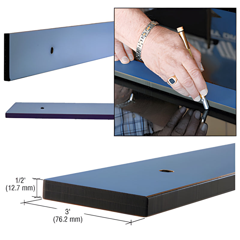 Phenolic straight edge (SKU SEP48), 96-inch long, 3" x 1/2", black with hanging hole, for straight glass cutting.