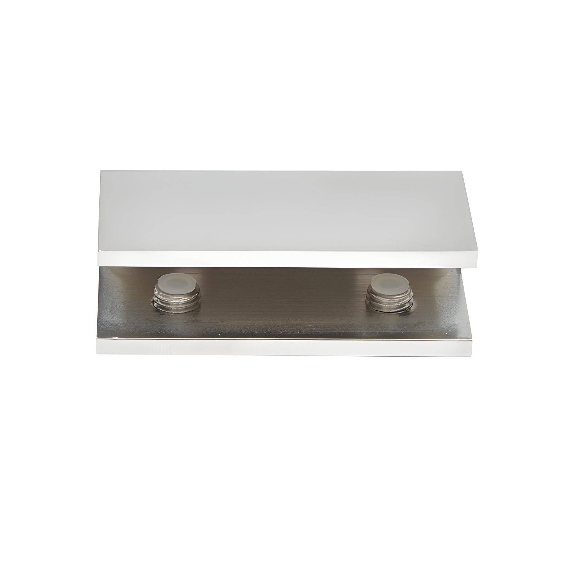 NDC12CH polished chrome no-drill brass fixed panel clamp with cover plate, clear gasket and two mounting screws.