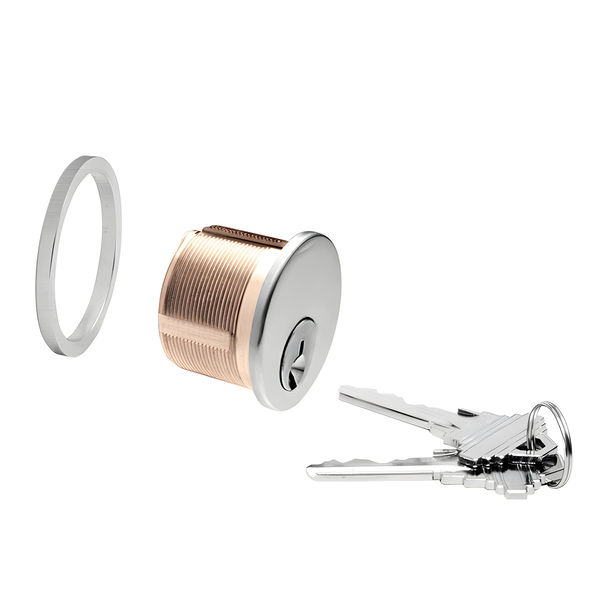 DRA10BS mortise cylinder - 5 pin solid brass cylinder with brushed stainless face, mounting ring and three keys.