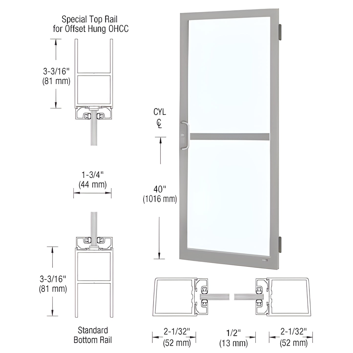Custom narrow-stile clear-anodized entrance door (SKU DZ21411), glazed for 1/4" tempered glass, includes panic pull.