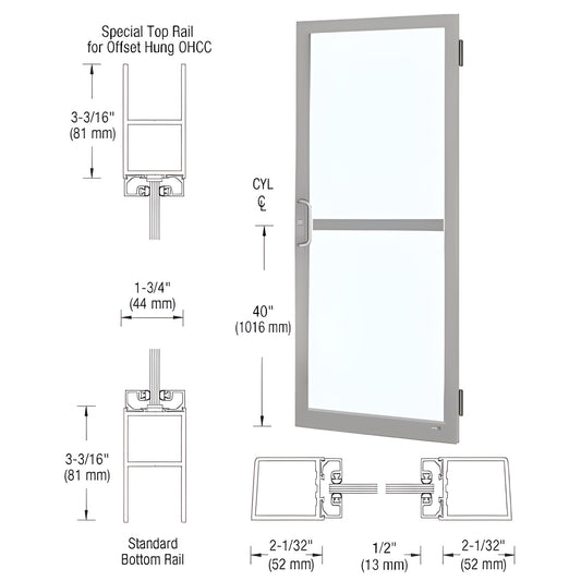 Custom narrow-stile clear-anodized entrance door (SKU DZ21411), glazed for 1/4" tempered glass, includes panic pull.