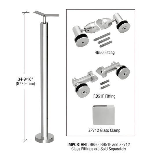 Stainless steel surface-mounted post railing kit P7F36APS, 36" post with base plate and welded top saddle.