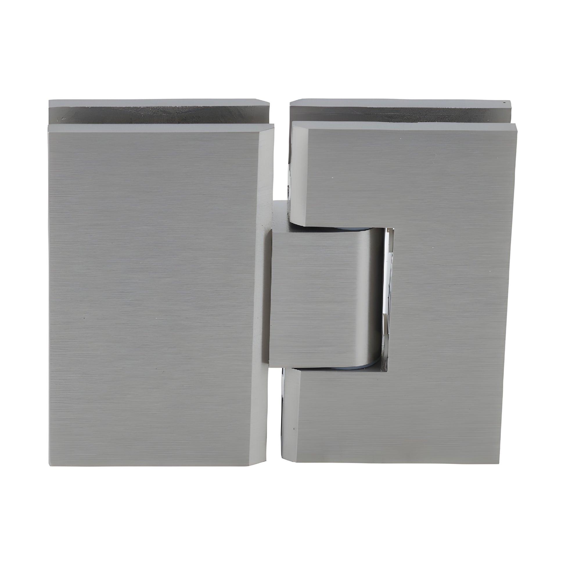 Brushed nickel 180 glass-to-glass frameless shower hinge, square profile for 10-12mm tempered glass. SKU VCT180BN