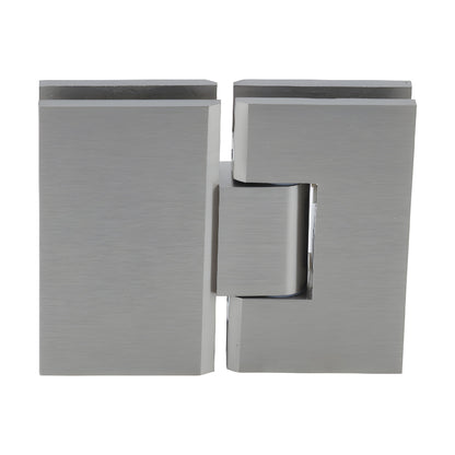 Brushed nickel 180 glass-to-glass frameless shower hinge, square profile for 10-12mm tempered glass. SKU VCT180BN