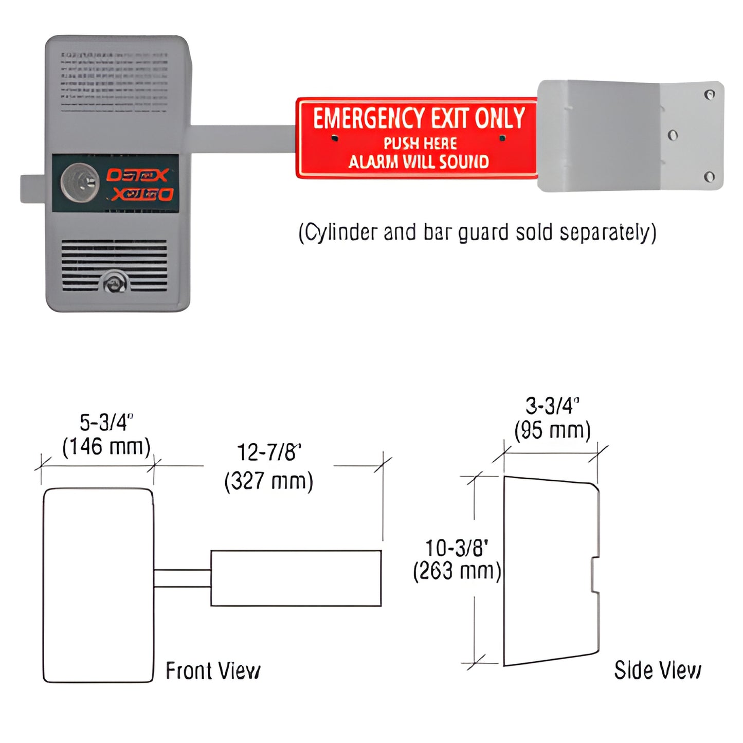 DETEX ECL230D steel short-bar exit panic lock with 100 dB alarm, red photoluminescent "Emergency Exit" sign, non-handed