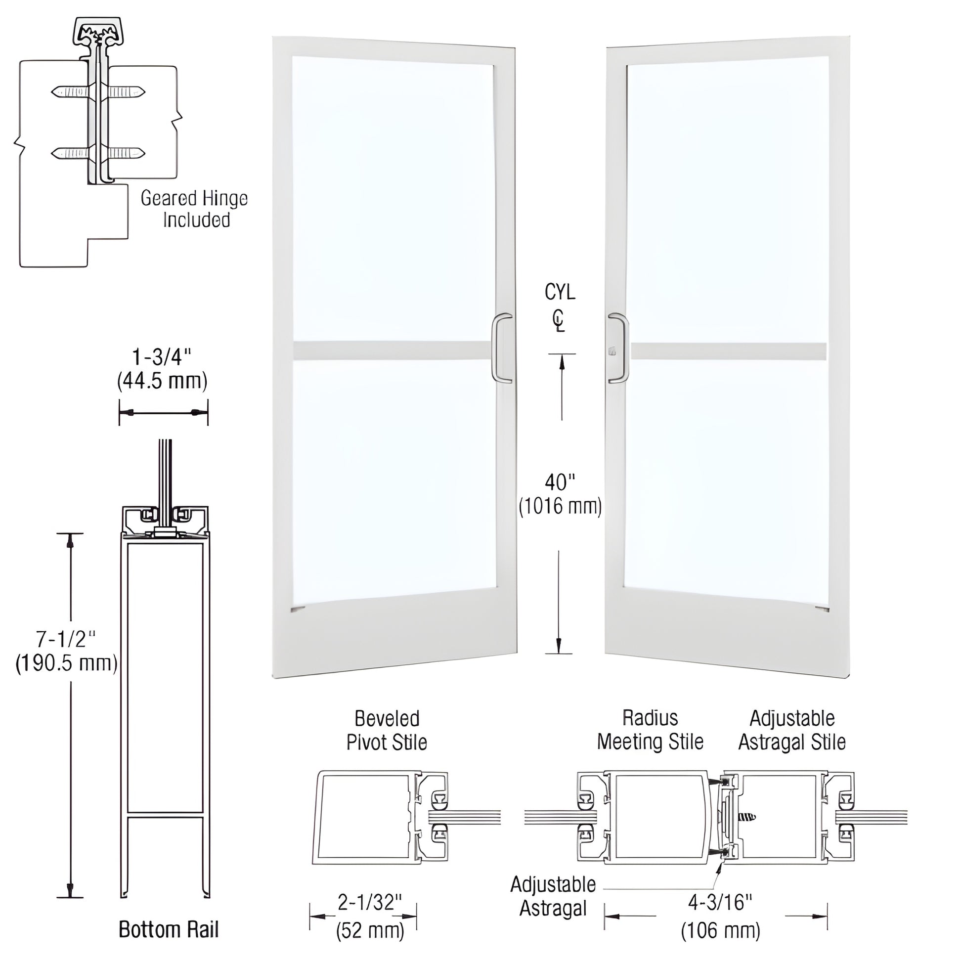 Pair of white Kynar narrow-stile glass entrance doors (2" stiles, 71 2" bottom rail) - SKU HZ22852