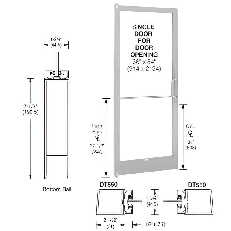 Clear anodized aluminum single commercial door 36" x 84" with 7-1/2" bottom rail, push/pull hardware, MS hookbolt lock (SKU H