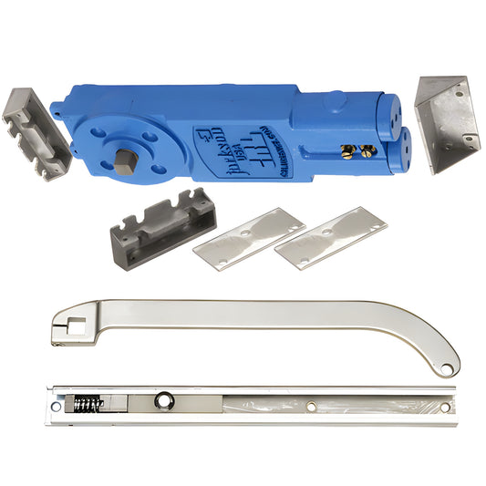 Jackson 21201P62818 overhead concealed door closer kit - blue aluminum body, offset slide-arm and mounting hardware