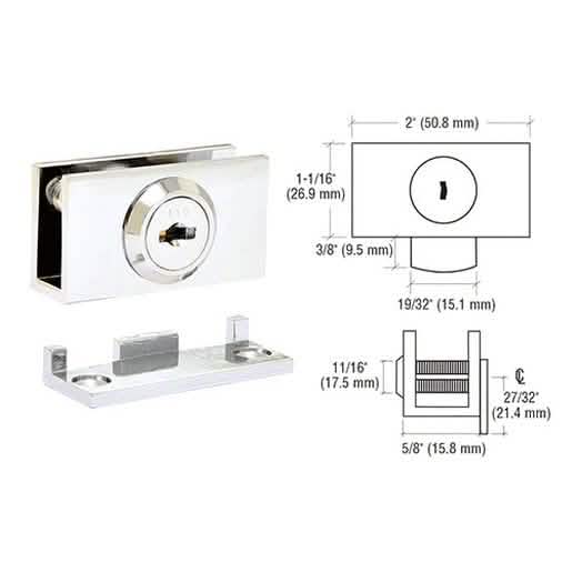CRL Chrome Cam Lock for 1/4" or 3/8" Glass, Randomly Keyed, with Stop Plate - Secure Fit